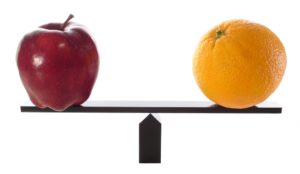 An apple on a scale next to an orange