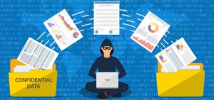 Documents flying from one folder to another over a hacker's head