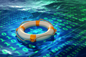A life preserver floating on a digital ocean of binary code, symbolizing disaster recovery solutions for data protection and business continuity.