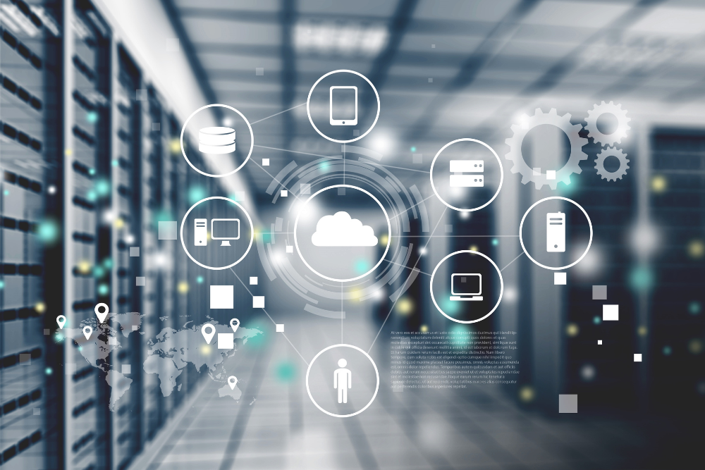 Conceptual image of Managed Network IT Services, with servers blurred out in the background and icons connected in the foreground of pinned locations across a map of the world, an image of a cloud, an icon of a server, gear icons, desktop and laptop computers, and more.